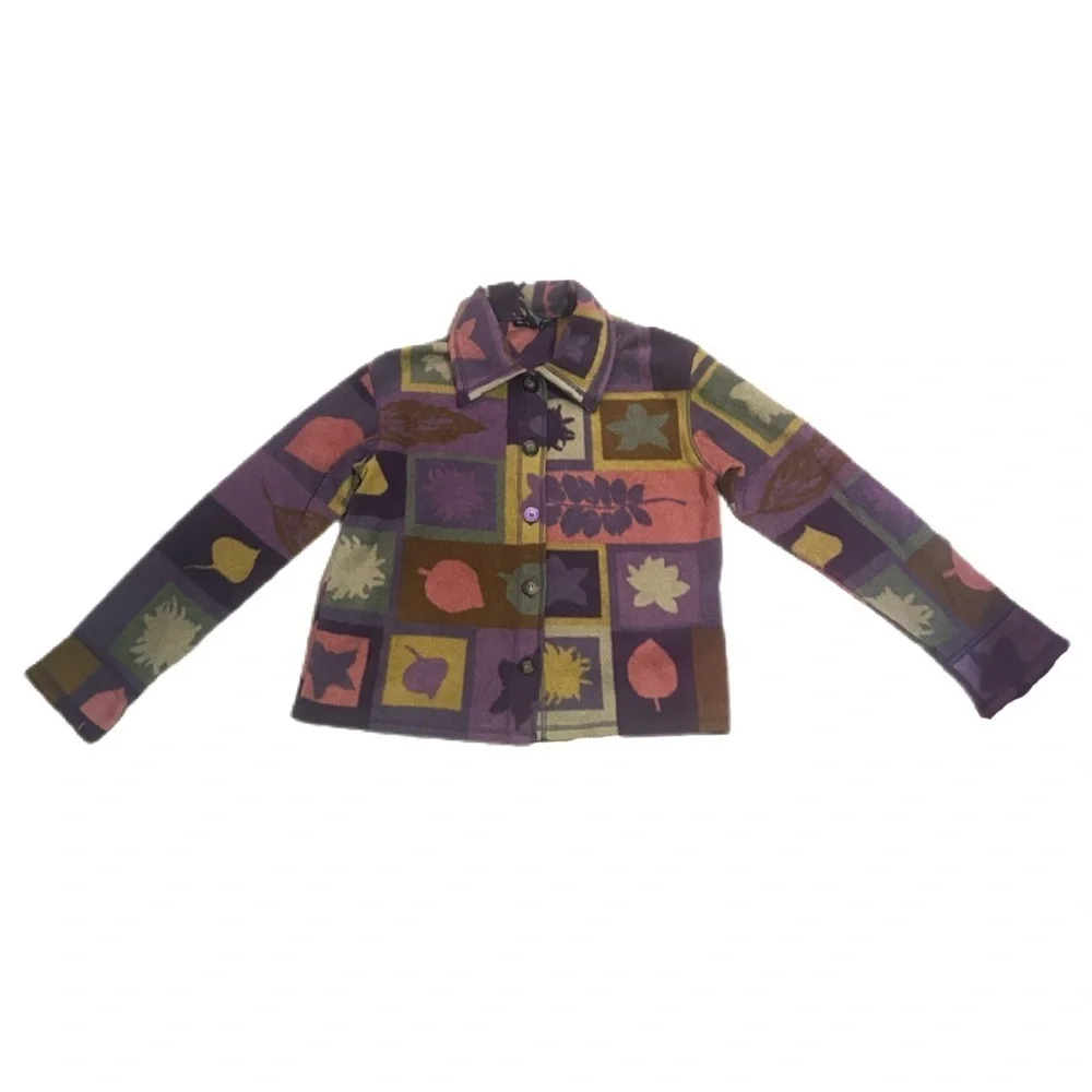 Colorful Patchwork Art Fleece button Jacket funky groovy nature leaves stars - Picture 5 of 5